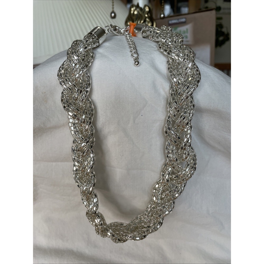 Sparkly Twisted Rope Necklace Silver Tone 20 - Braided Sparkly Statement Bling